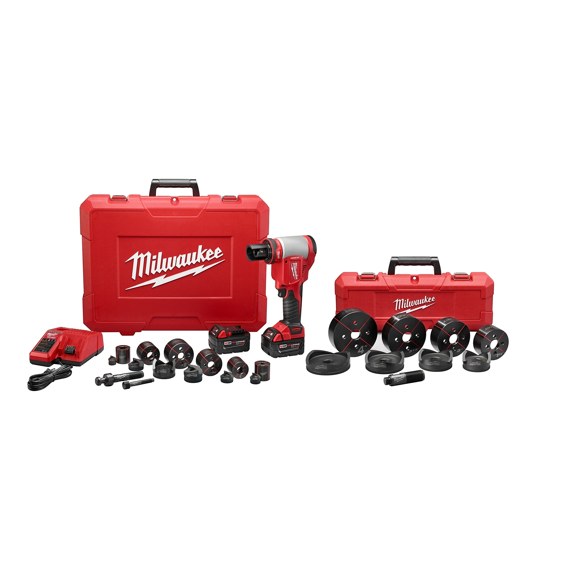 Milwaukee ForceLogic M18 Cordless 10-Ton Knockout Tool Kit, 1/2in.-4in., 2 Batteries, Model# 2676-23